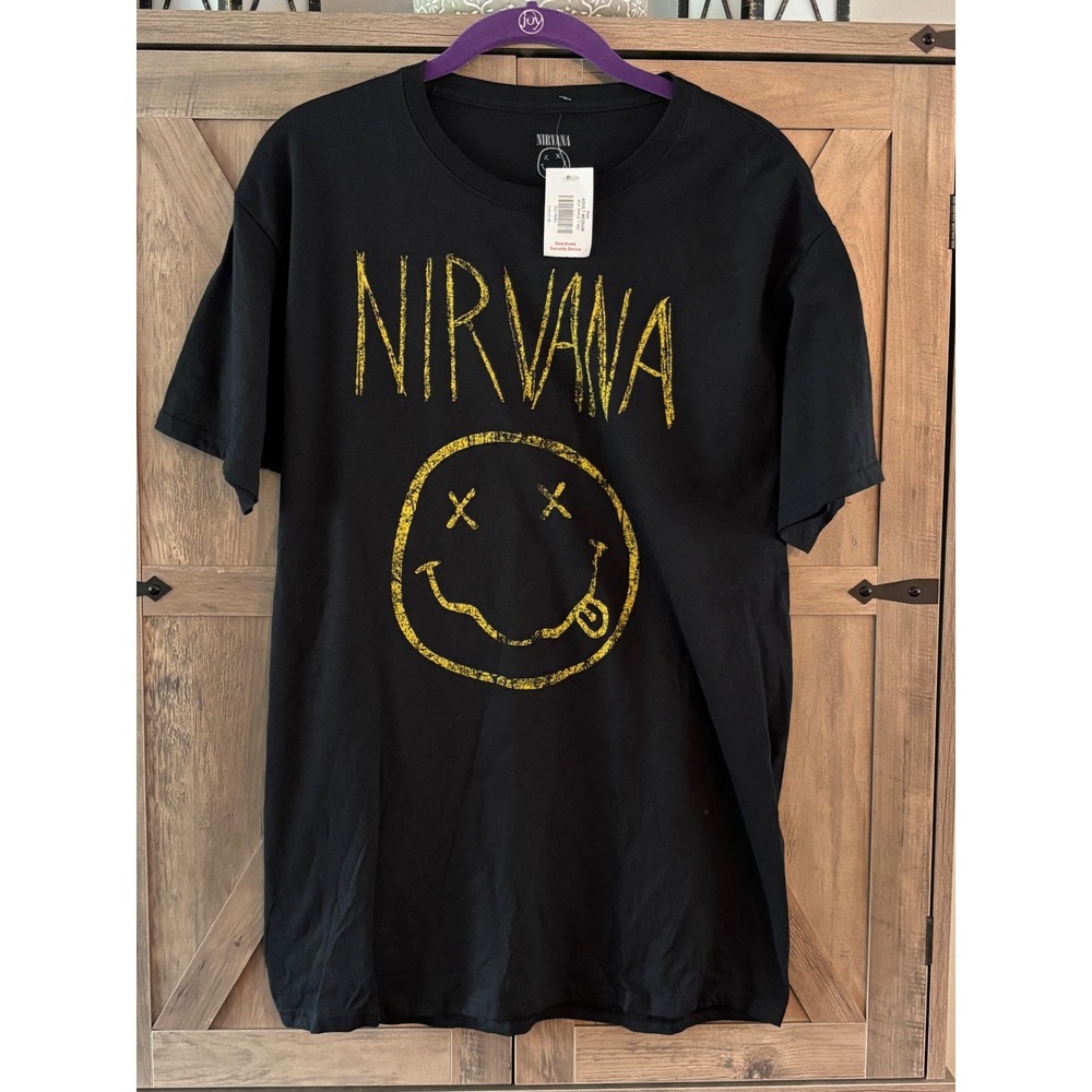 Nirvana Smiley Face Graphic T-Shirt Black Yellow Logo Rock Band Tee Mens Medium